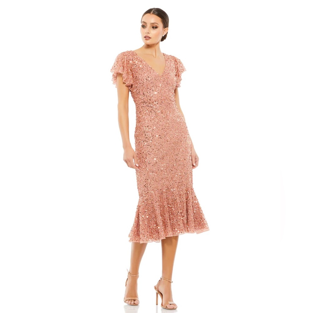 Mac Duggal Sequin V Neck Flutter‎ Cap Sleeve Trumpet Dress Rose Gold NWT